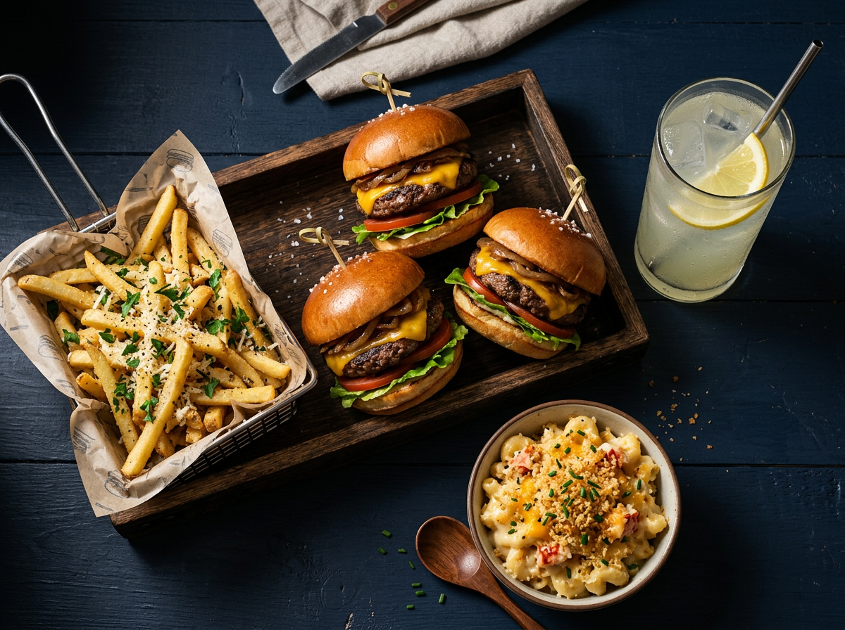 Complete combo meal with sliders, fries, lemonade, and sides