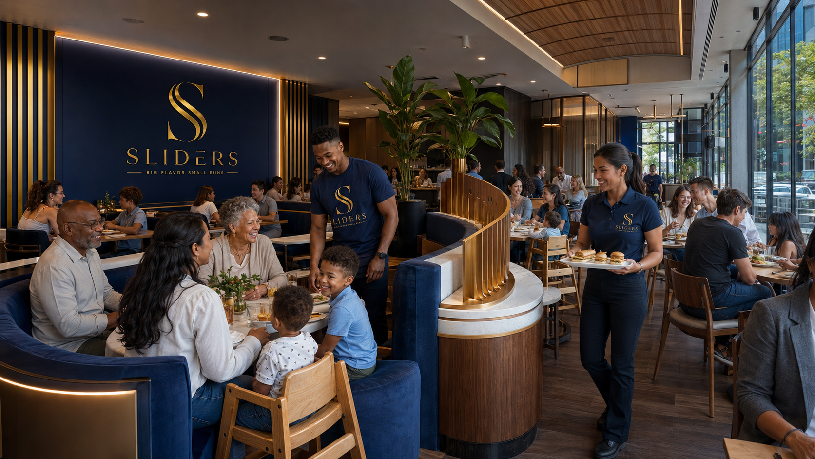 Guests enjoying sliders inside a Sliders restaurant dining room
