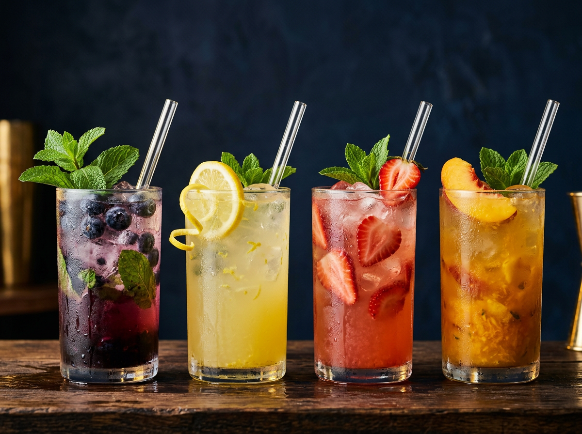 Four handcrafted lemonades in clear glasses