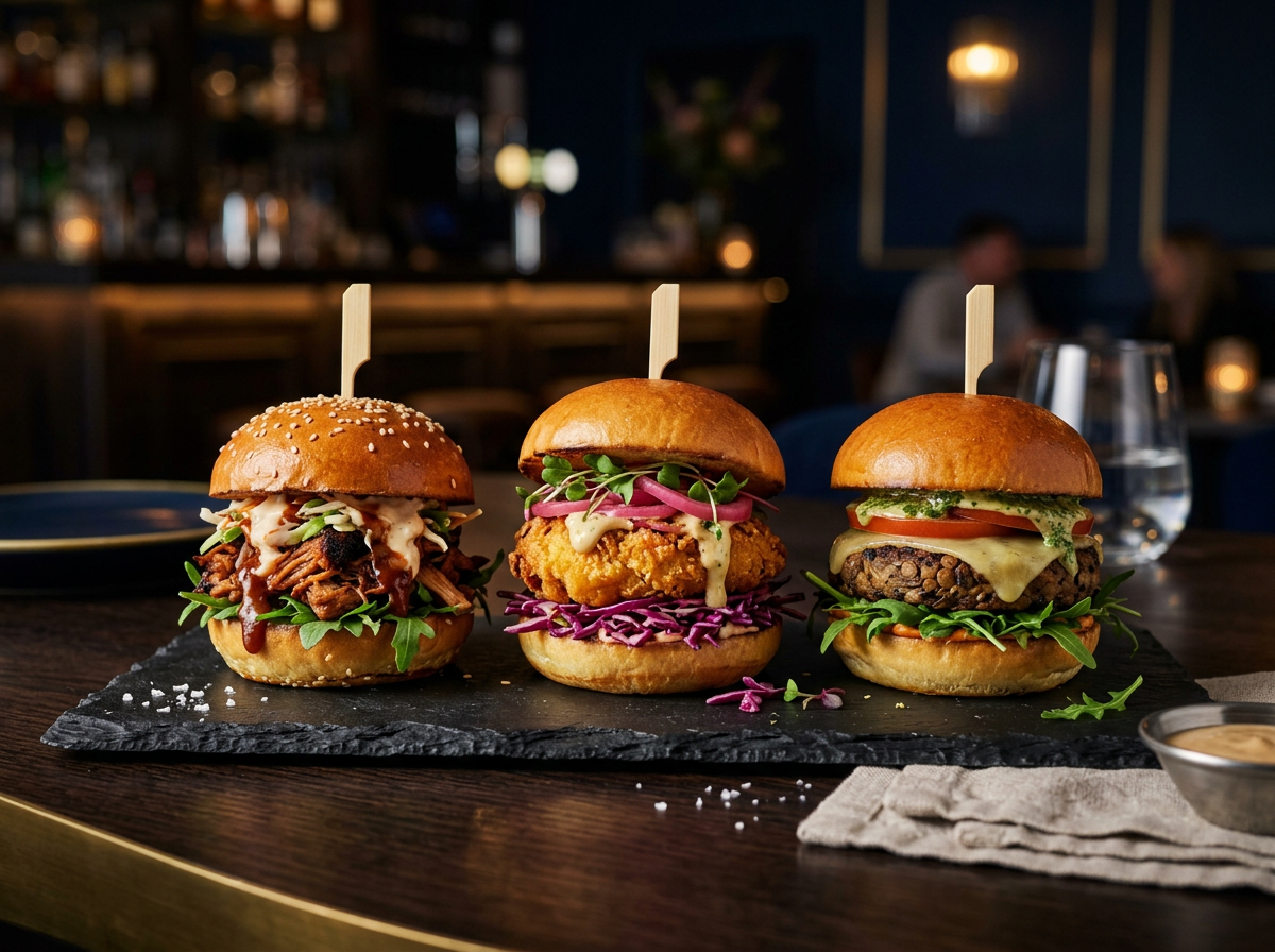 Three plant-based sliders on vegan brioche buns